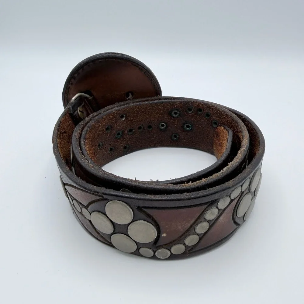 Vintage 1974 Handmade Studded Leather Belt Hand Painted Eagle Buckle Brown